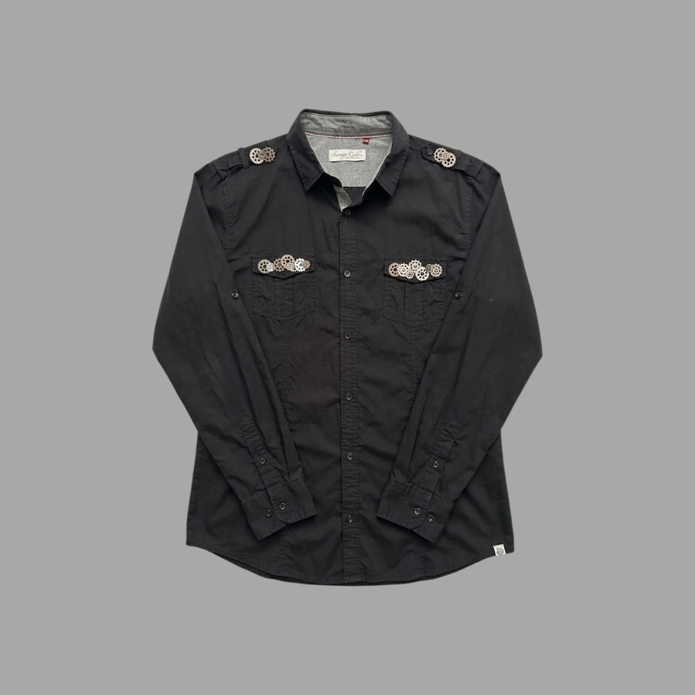 Black y2k Steampunk Gear Button Up Shirt Long Sleeve Cotton XLarge Alt Goth